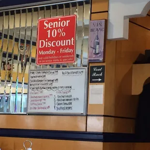 Senior discount + specials board