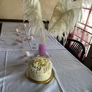 a table with a cake and candles