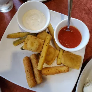 Frito Misto: Stuffed Fried Ravioli, Fried Zucchini spears and mozzarella sticks.