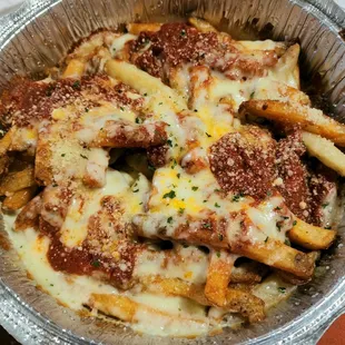 Pizza Fries: fries, pizza sauce, shredded mozzarella