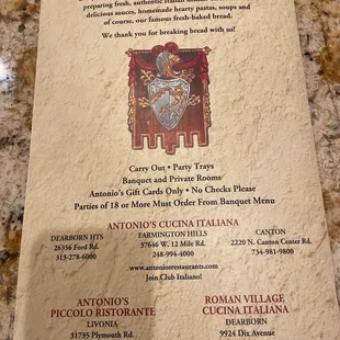 Back of menu