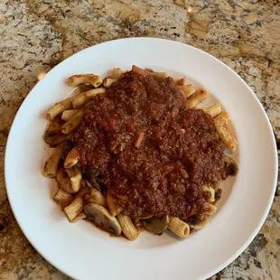 Mostaccioli With Meat Sauce and Mushrooms!
