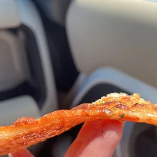 a hand holding a piece of pizza