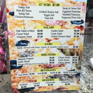 Back of the menu
