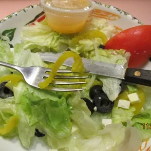 Half of the Large Greek Salad, put into my own bowl, with the pathetic Italian Dressing in the cup.