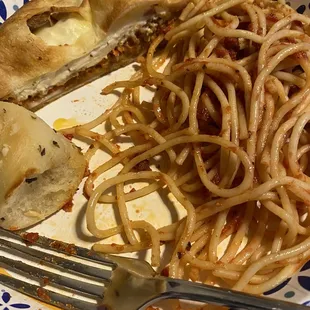 Homemade Spaghetti, Garlic Knots and a Meat Lover&apos;s Calzone