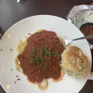 Homemade spaghetti with homemade garlic knot bread