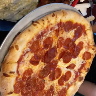 Pepperoni Pizza, hot wings and fettuccine chicken Alfredo.