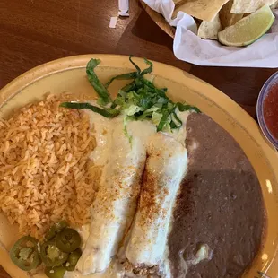 Enchiladas, beans and rice