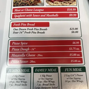 Pasta menu
