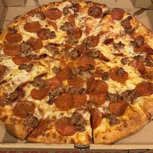 16&quot; pie with Pepperoni and Sausage. Delicious as usual. Antonious knows how to make an excellent pie!