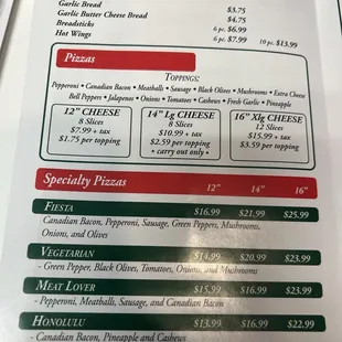 Pizza and salad menu