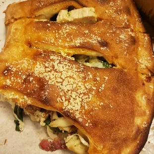 Bacon, chicken,  spinach and mushroom with white sauce calzone. Sooooo good!!!
