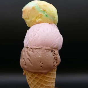 Ice cream:rainbow sherbet, strawberry, and chocolate,