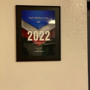 Ant's Kitchen Cafe - award plaque on the wall