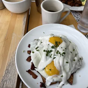 a plate of eggs and bacon