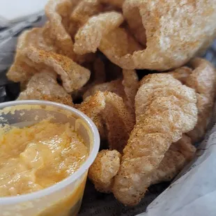 Cracklins with spicy pimento dip