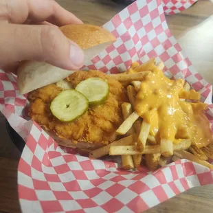 Byron's Fried Chicken Sammich with beer cheese added to fries