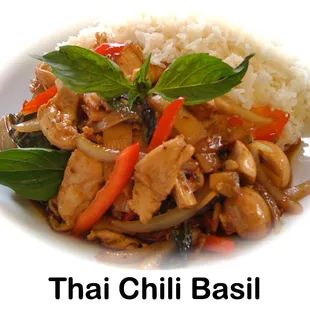 Choice of protein stir-fried with homemade sauce, fresh garlics, onions, bamboo shoots, green beans, red bell peppers, mushrooms and basil.