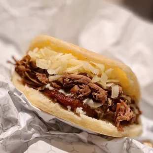 Beef Arepa w/ Maduros y Monterey Jack... oh and Garlic Salsa - just the way I like it!