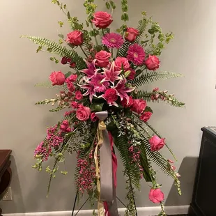 Standing Easil spray with bursting pinks