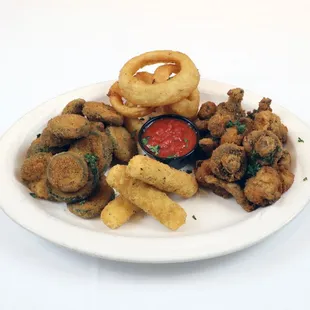 Combo platter, fried zucchini, onion rings, cheese sticks, fried mushrooms