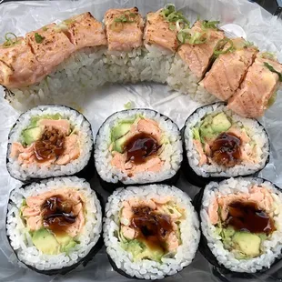 Tornado Roll (top), Spicy Salmon Spicy Teriyaki Salmon Roll