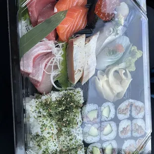 veggie options and non veggie options all mixed around in one container