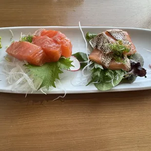 Salmon sashimi and salmon belly sashimi