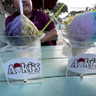 Ube and green tea combo on the left  Haleiwa on the right. Both with vanilla ice cream on the bottom