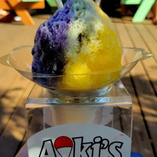 Small Shave Ice - Guava/Mango/Ube $4.00 + Macadamia Nut Ice Cream $2.00 (05/21/23). @AokiShaveIce #Haleiwa #NorthShore #Hawaii #ShaveIce