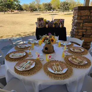 Boho placemats, 60in round tables, white padded folding chairs