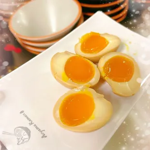 a plate of boiled eggs