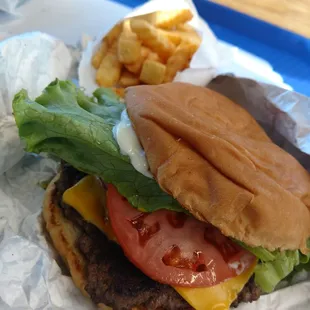 cheeseburger deluxe with fries (some already eaten)