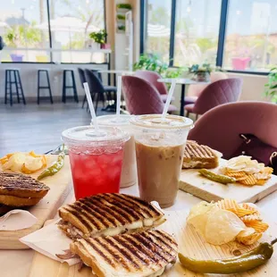 Hisbiscus Tea, Iced Vanilla Latte, Coffee, Roasted Beef and Turkey Panini