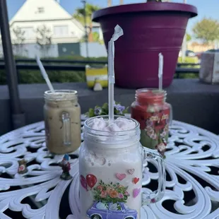 Dashiell Frappe (strawberry horchata), lavender latte, pink matcha.