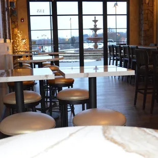 A view outside through our floor to ceiling doors. We open them when the weather is nice and offer outdoor seating as well!