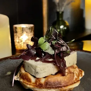 Foie paté on a leek waffle
