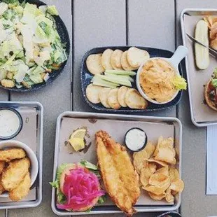 a variety of food on trays