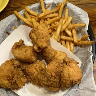 Naked boneless wings and beer battered Fries