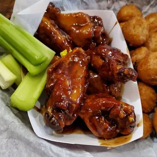 Teriyaki wings and deep fried mushrooms.