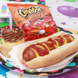 a hot dog and a cupcake