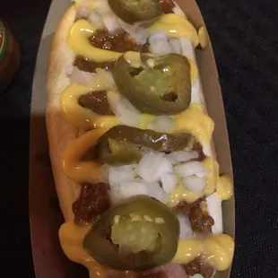 All beef hotdog topped with chili, jalapeño,onions and cheese.