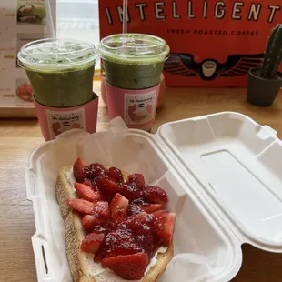 strawberry ricotta toast + strawberry matcha lattes