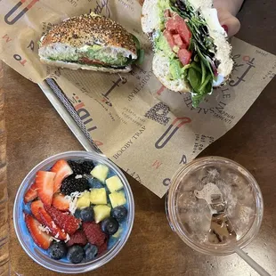 bagel breakfast sandwich and smoothie bowl with coffee (iced rose mocha)