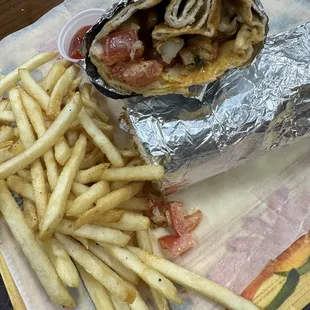 a burrito and french fries
