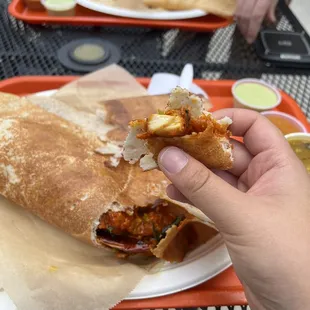 Crunchy, soft, juicy Chicken 65 Dosa