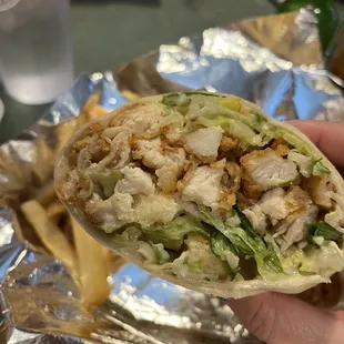 Chicken Caesar Wrap with crispy chicken and the croutons! Crunchy!