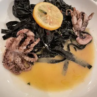 Grilled Octopus with squid ink pasta