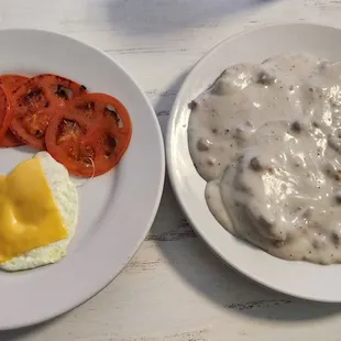 two plates of breakfast food